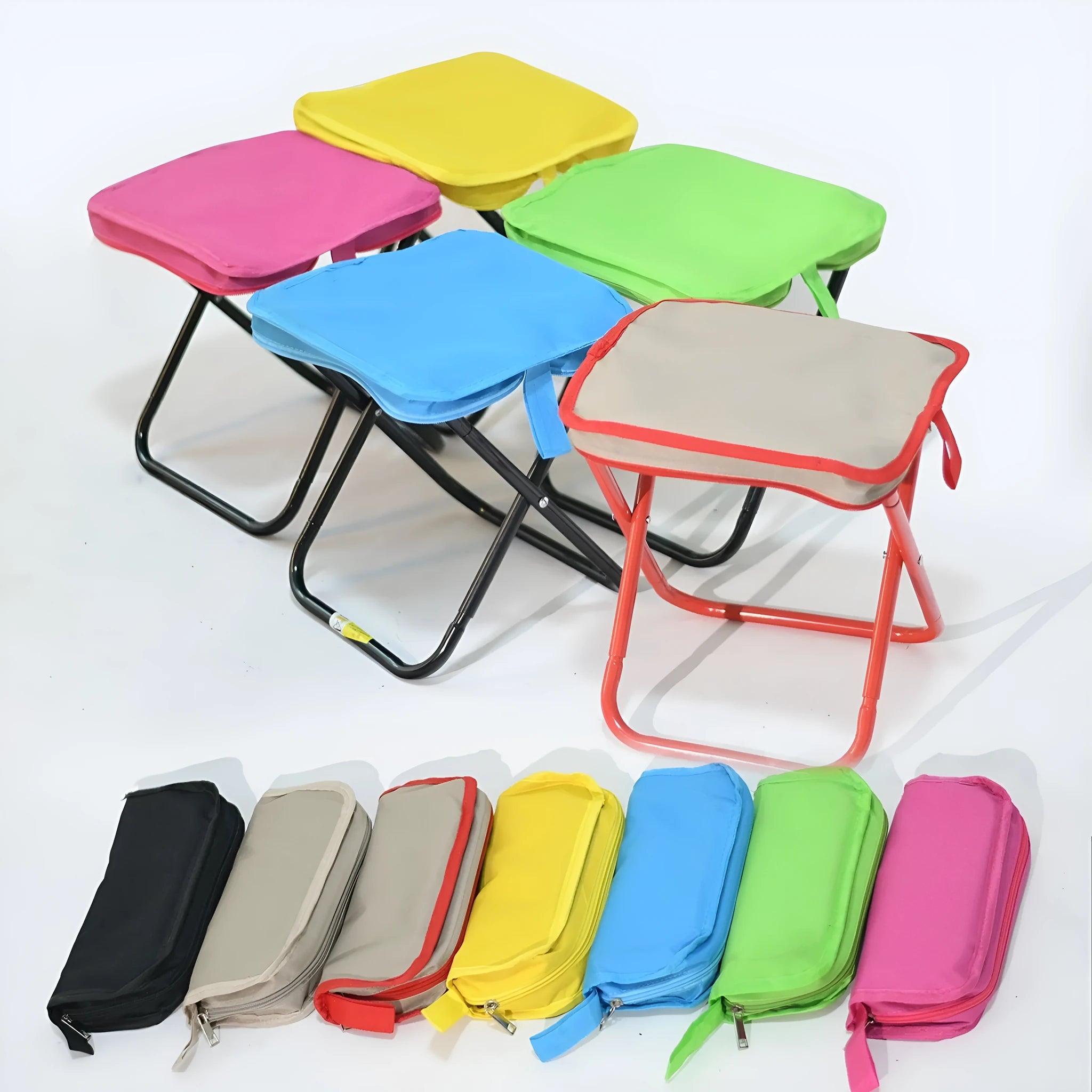 Lightweight foldable camp chair stool in khaki colour, shown both set up and folded into its compact pencil box carry case.