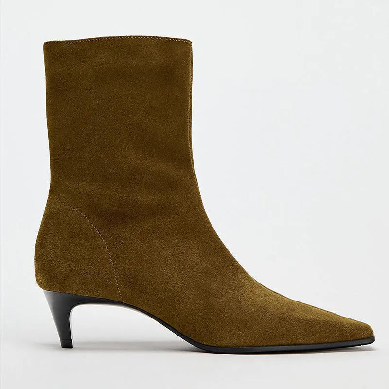 Women's brown square toe ankle booties with a side zipper and stiletto mid heel
