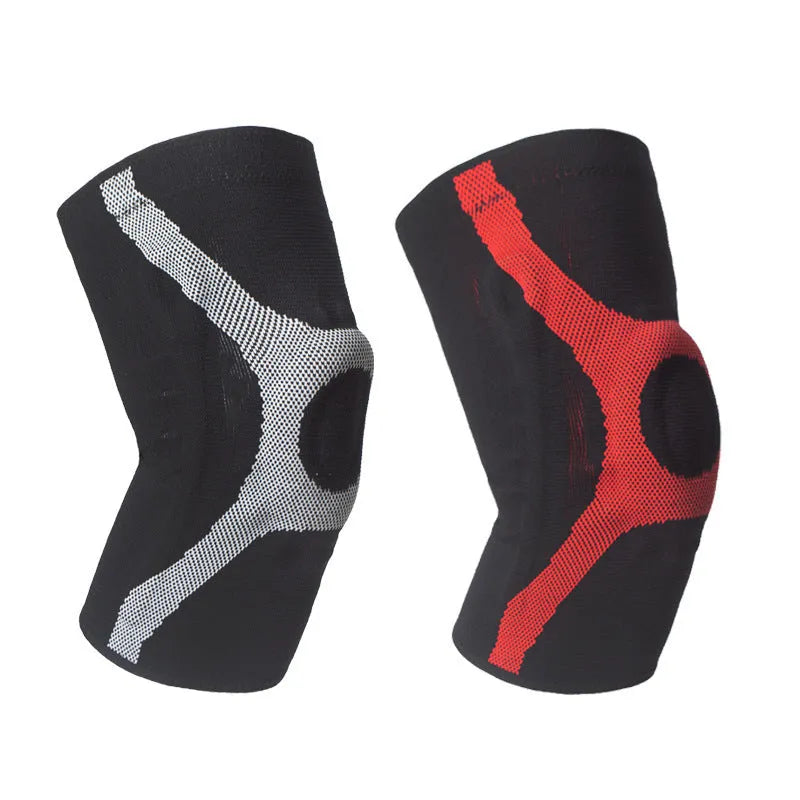 Red and grey knitted sports knee pads with silicone non-slip design for running and climbing activities