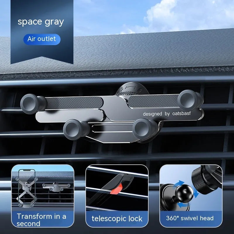Silver invisible alloy car phone holder mounted on vehicle air outlet with mobile phone in position