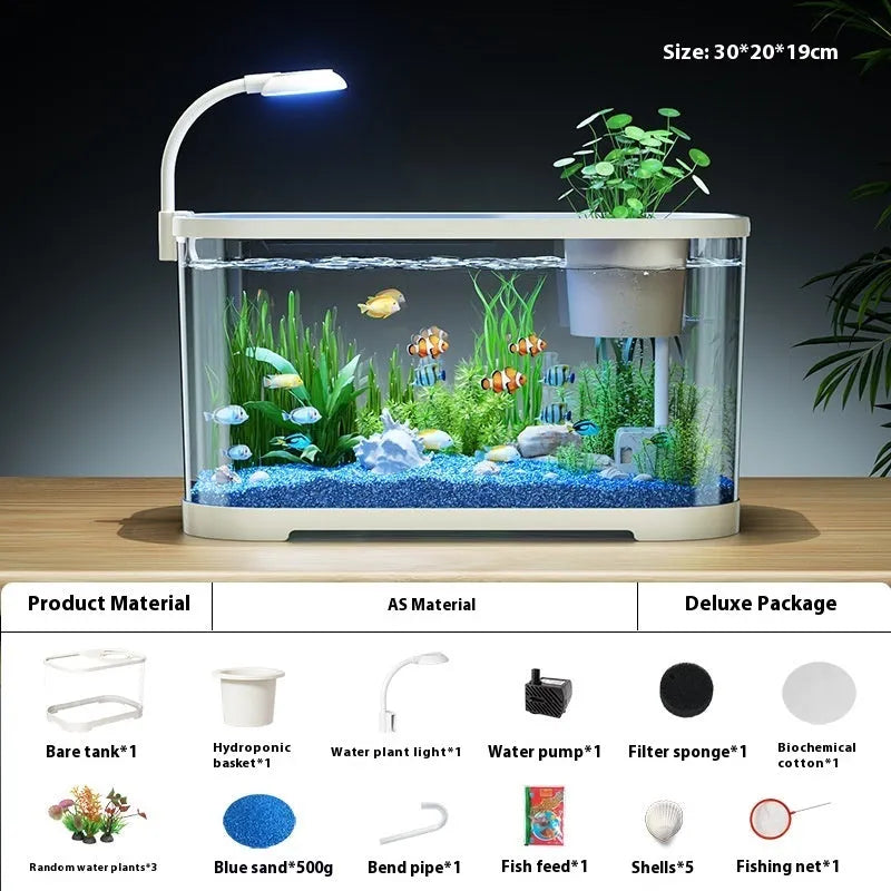 Desktop smart fish tank with integrated ecological filter system in luxury white colour