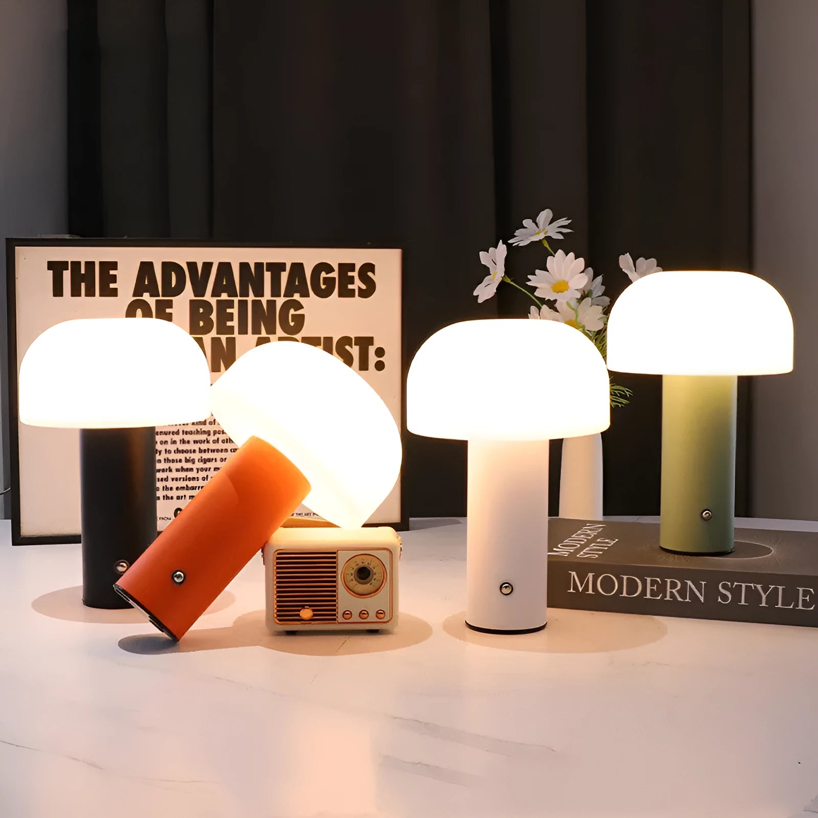 USB dual-power table lamp in black, green, orange or white colours with plastic construction
