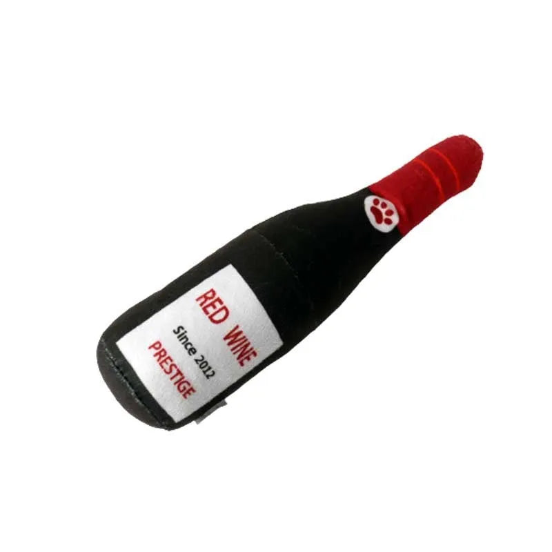 Plush wine bottle shaped pet toy for dogs and cats in assorted colours.