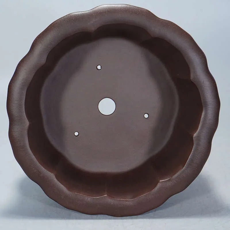 Square purple sand flower pot with petal basin edge in antique Chinese style, 37cm wide.