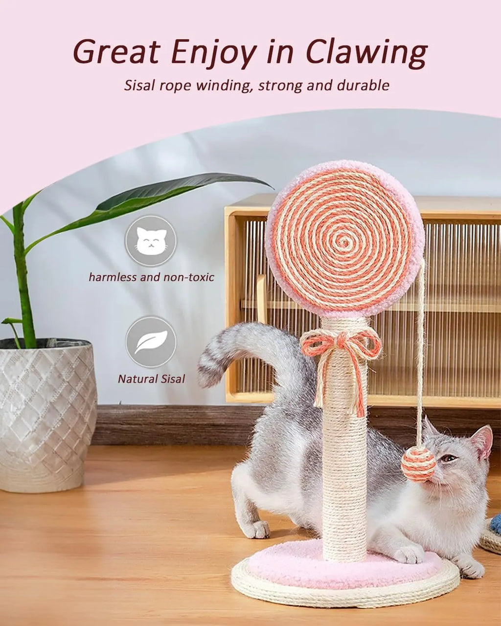 Blue cat scratching post with natural sisal rope and a hanging yellow ball toy on a sturdy wooden base.