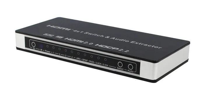 Black HDMI audio switch with remote control, 4 input ports and 1 output port for 4K video switching.