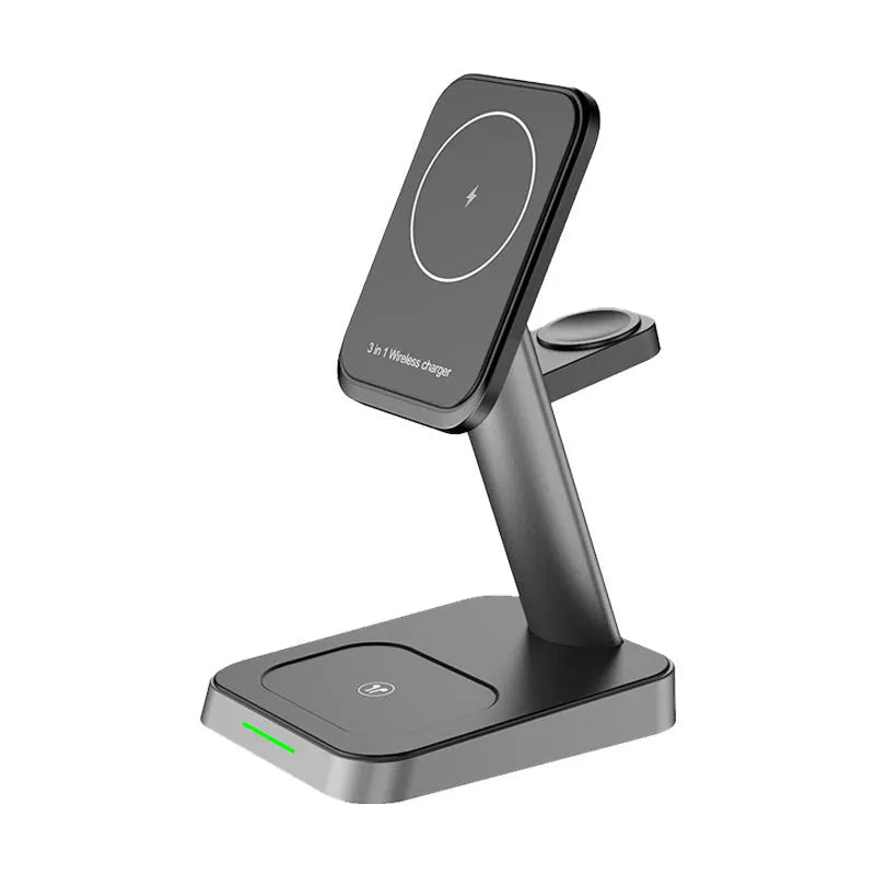 Black minimalist wireless vertical charging station with phone holder, Apple Watch charger, and 10000mAh power bank