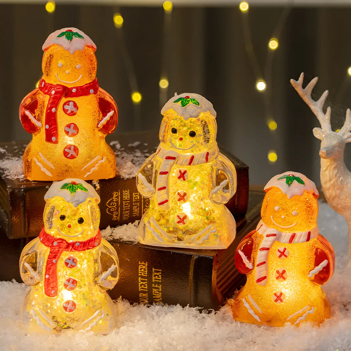 Glowing gingerbread man Christmas ornament with LED light and red scarf, measuring 6.5cm wide by 10.5cm tall