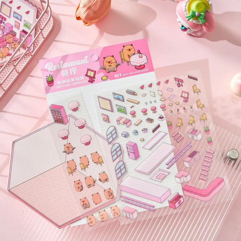 Capabala cut-free PET cartoon stickers showing eight different scene designs including a pink restaurant and a blue fruit shop