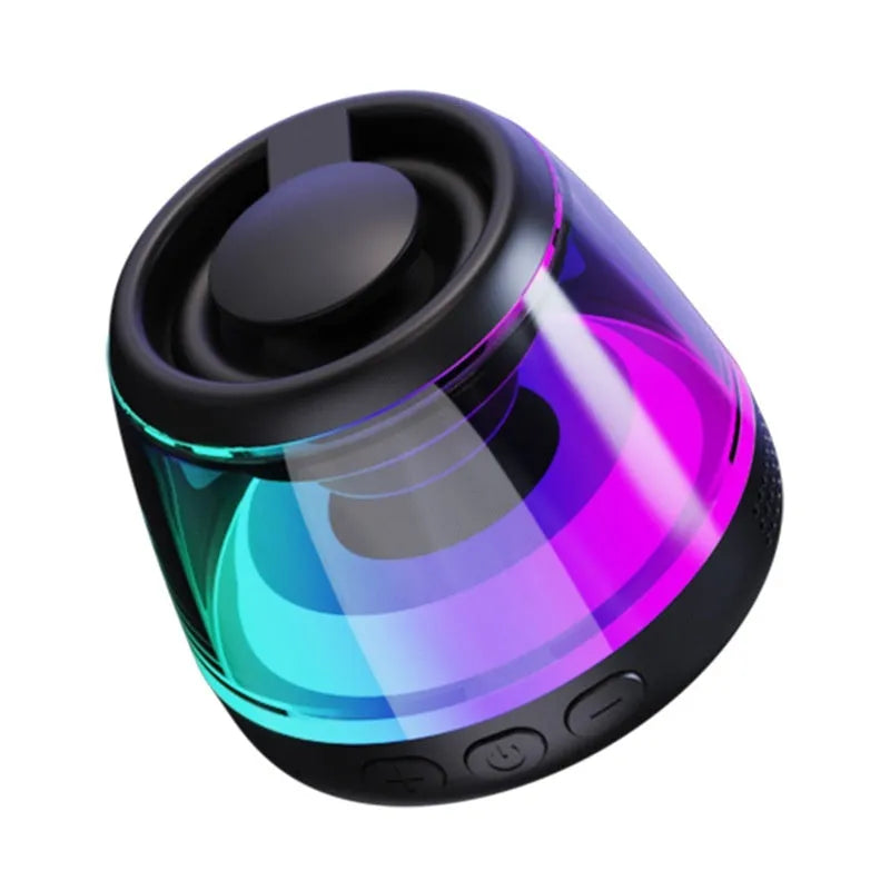 Portable wireless Bluetooth speaker with magnetic attachment and LED lighting in black or white