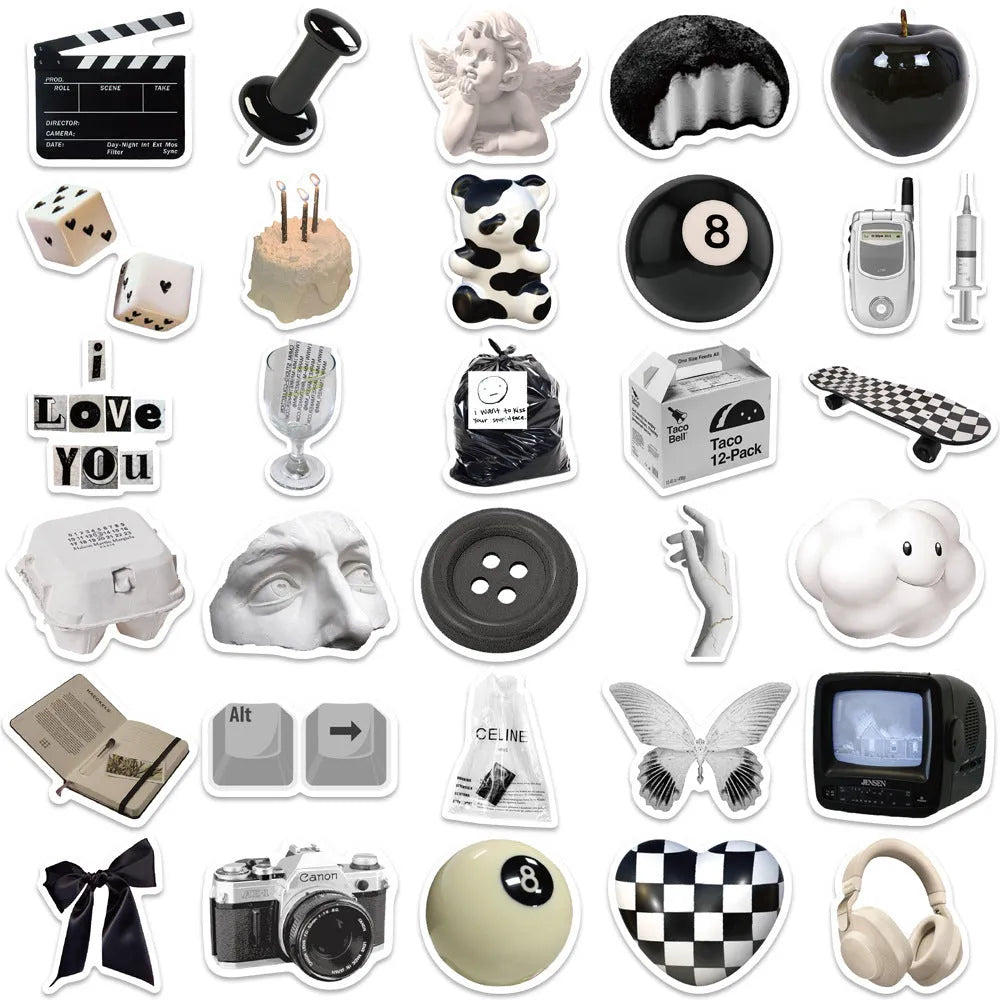Black and white PVC waterproof sticker set with 61 painting designs for laptops and phones