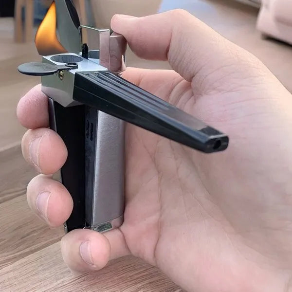 Foldable metal pipe lighter showing zinc alloy construction and refillable butane mechanism