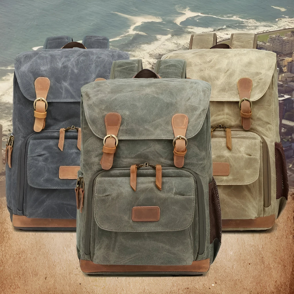 Canvas DSLR camera backpack in khaki colour showing organised storage compartments