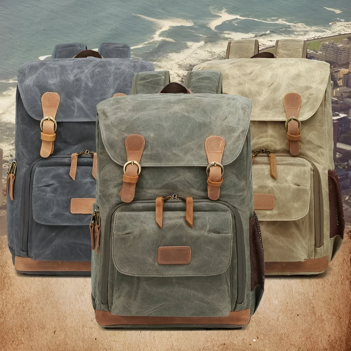Canvas DSLR camera backpack in khaki colour showing organised storage compartments