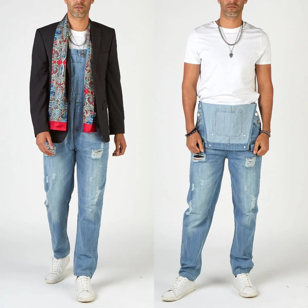 Light blue ripped denim suspender pants for men with high waist and straight legs