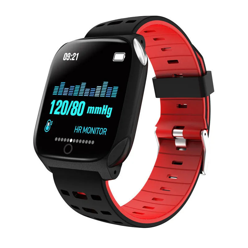 F16 Smart Watch with ECG monitor on a silicone strap, showing the 43mm IPS touchscreen display.