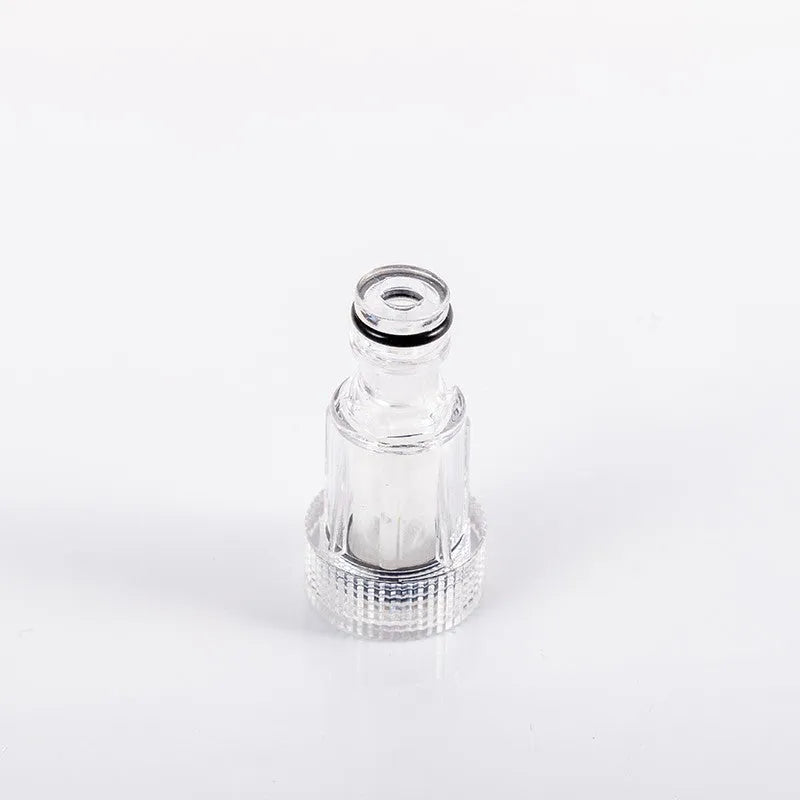 Transparent plastic inlet joint connector for Karcher pressure washers showing filter screen inside