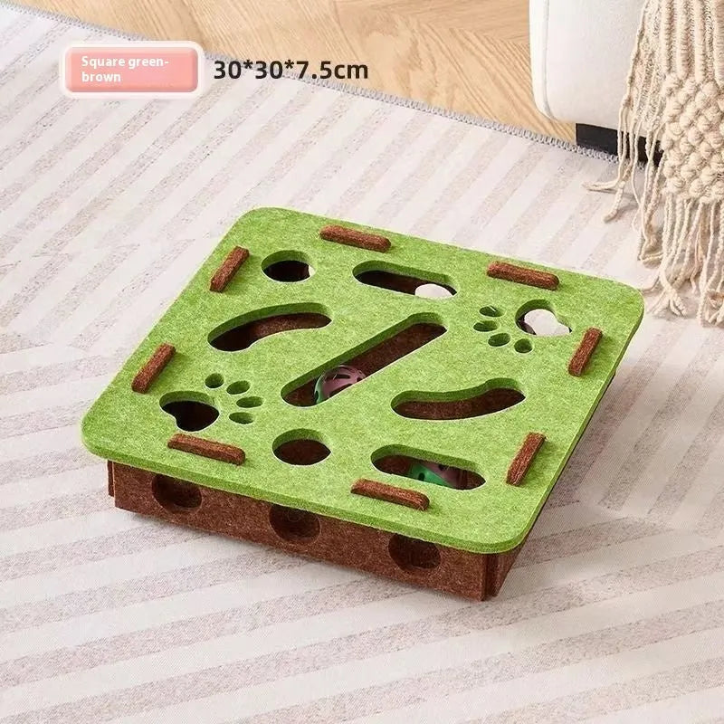 Green brown wool felt cat scratching toy box measuring 30cm with a hole in the centre.