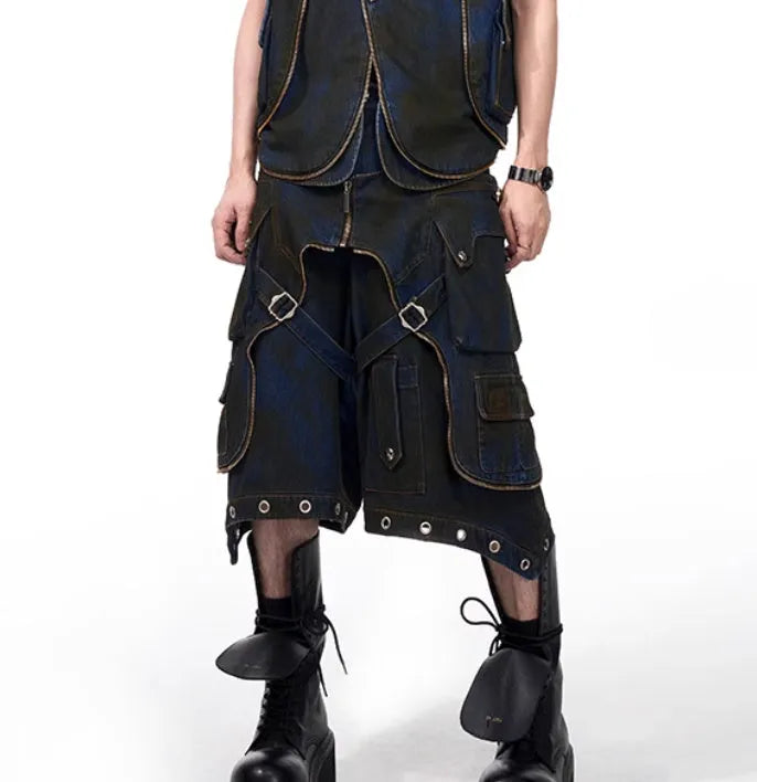 Blue polyester Korean-style hooded denim vest coat outfit with matching trousers on model