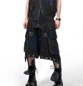 Blue polyester Korean-style hooded denim vest coat outfit with matching trousers on model