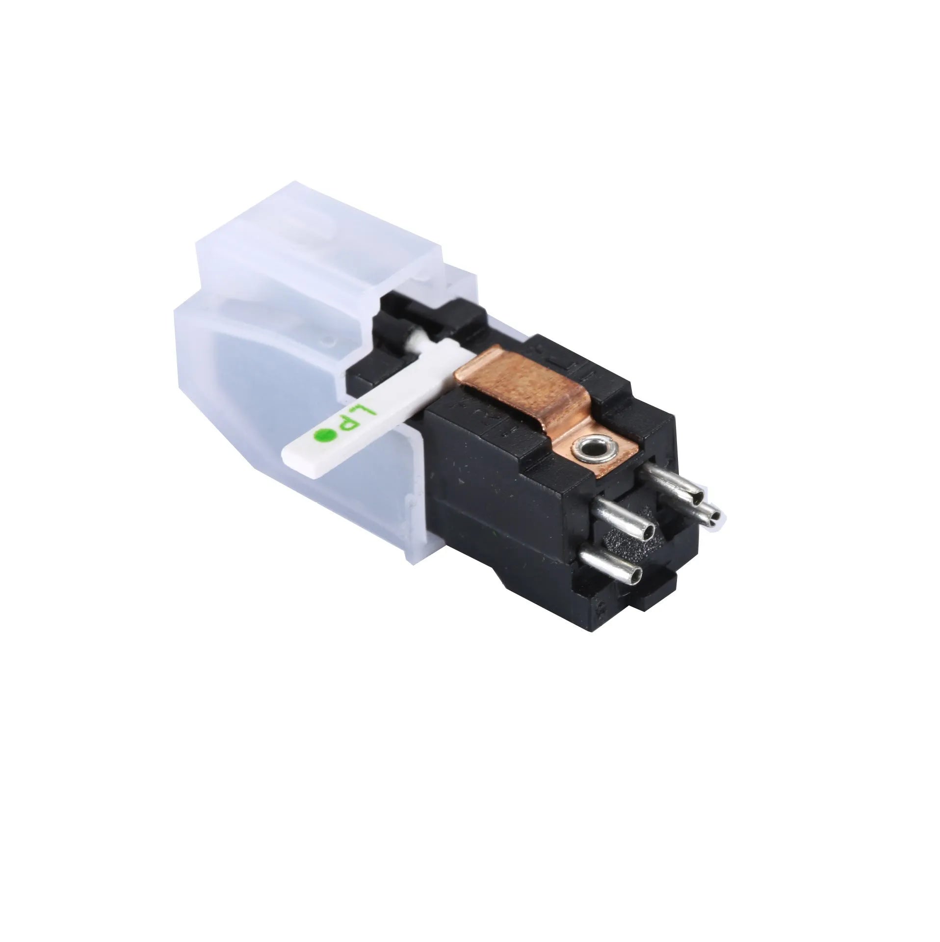 Double needle magnetic record player cartridge with black ABS shell.