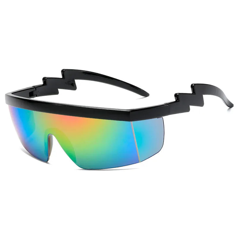 One-piece sports sunglasses with lightning bolt temple legs and polycarbonate lenses