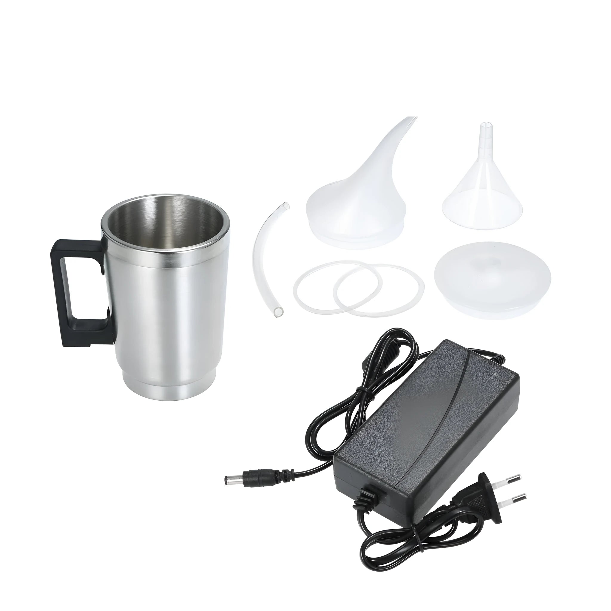Automobile headlamp repair kit showing stainless steel polishing cup and power adapters for GB/US and European vehicles