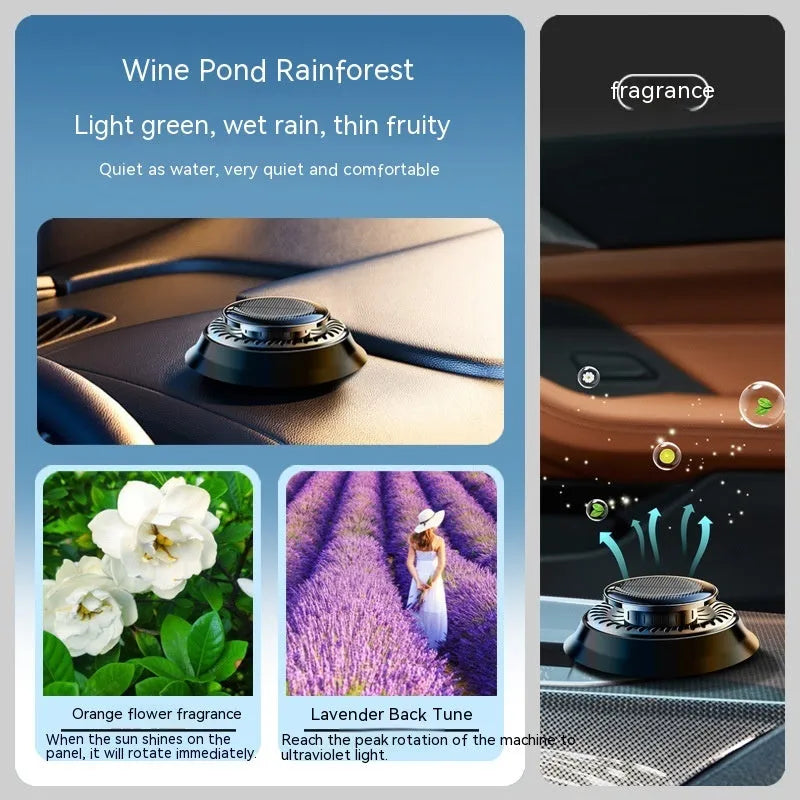 Portable solar-powered kinetic car air freshener with rotating double rings for fragrance diffusion
