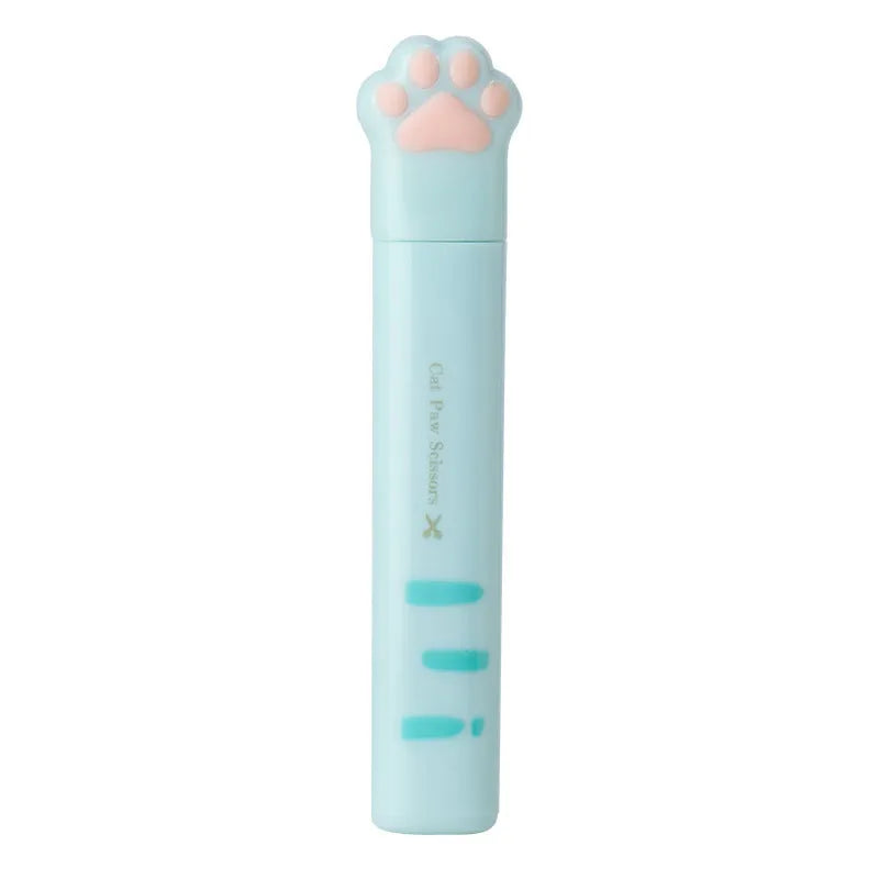 Set of four mini folding scissors with cat paw design in black, blue, pink, and white colours.