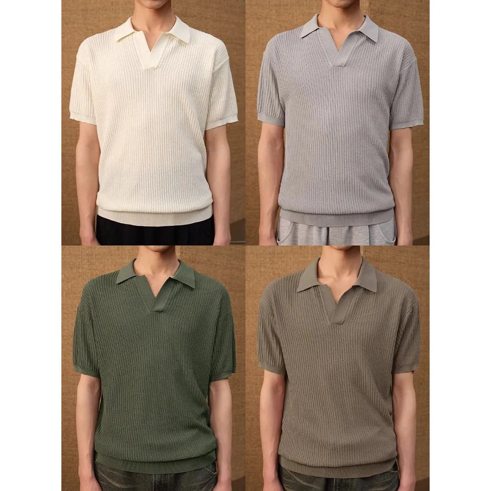 Men's summer polo shirt with striped collar in thin fabric available in creamy white, black and grey colours