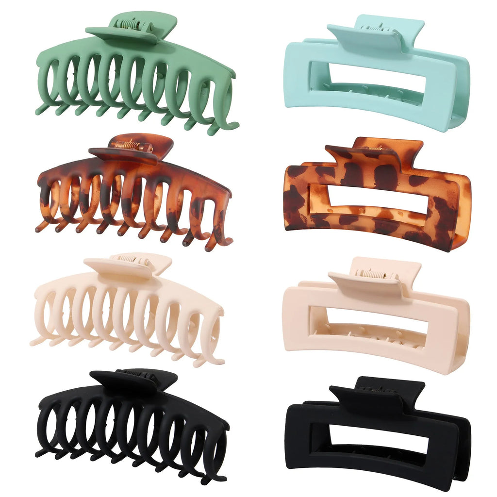 Six rose red plastic hair clips with quadrilateral shape and frosted grip, presented in an OPP bag.