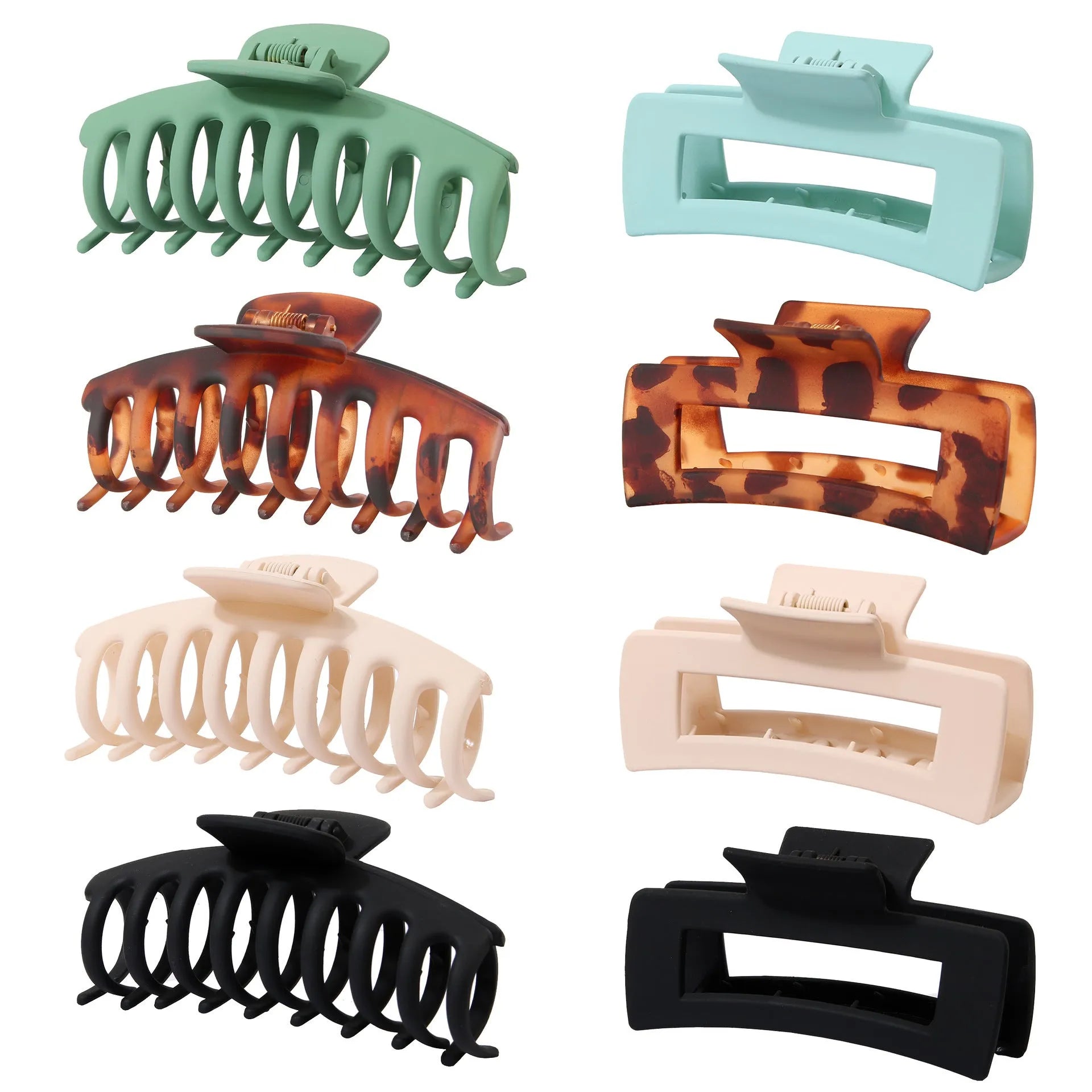 Six rose red plastic hair clips with quadrilateral shape and frosted grip, presented in an OPP bag.
