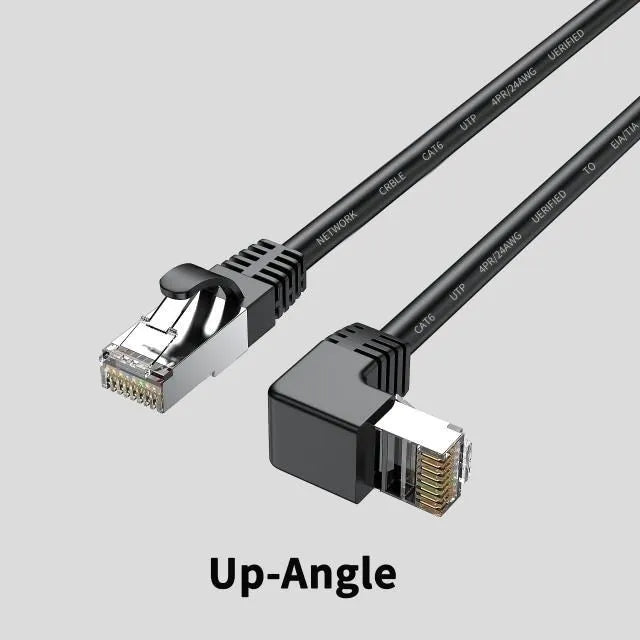 Cat6 Ethernet cable with right-angle metal RJ45 connector in black, shown alongside length and colour options.