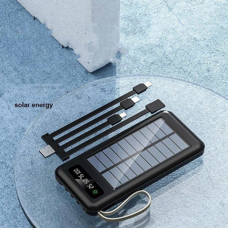 Solar power bank in black or white with capacity display showing 20000mAh or 30000mAh options