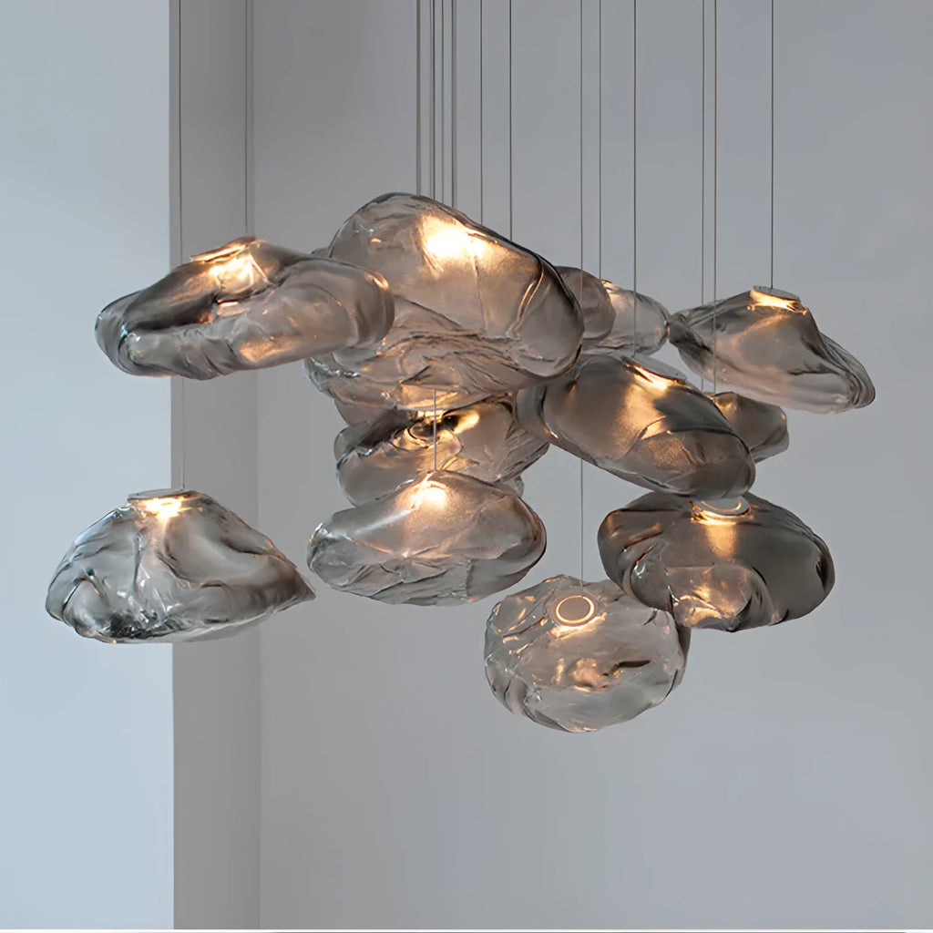 Modern glass chandelier with fabric accents in clear, amber or smoke grey colour options