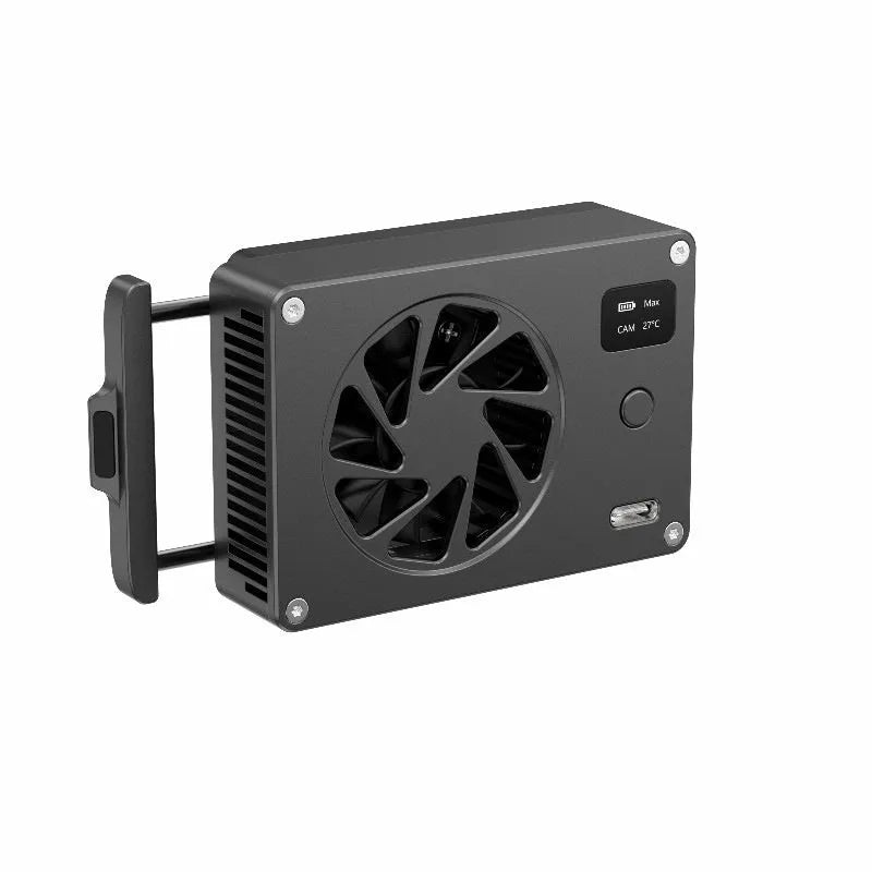 Black aluminium alloy smart cooling radiator with fan, measuring 89mm by 52mm