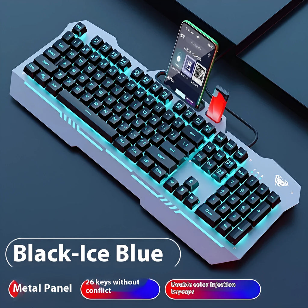 Mechanical keyboard gaming bundle with metal construction and LED lighting in colour box packaging