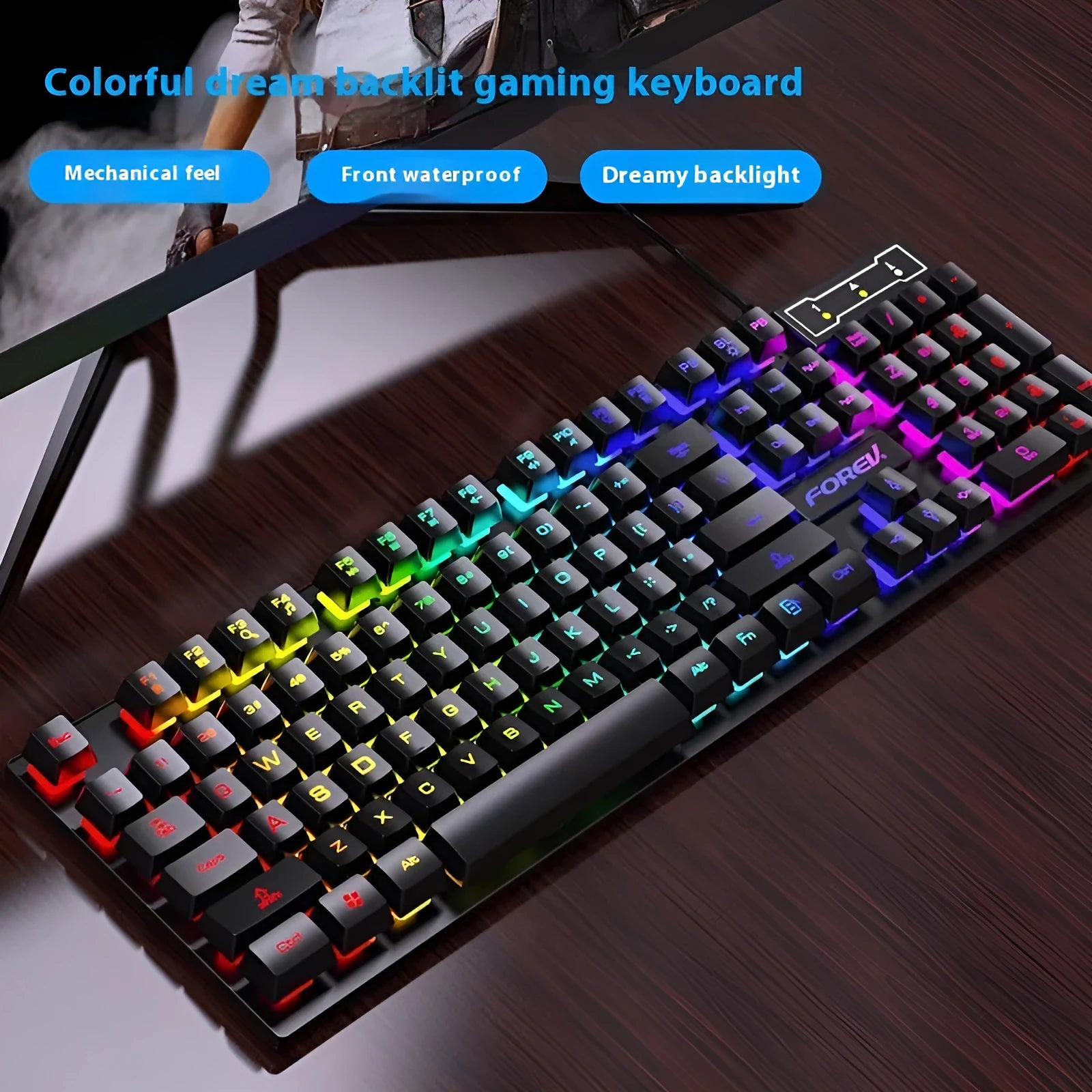 Black 104-key backlit gaming keyboard and mouse with compact 37.5cm width design