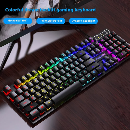 Black 104-key backlit gaming keyboard and mouse with compact 37.5cm width design