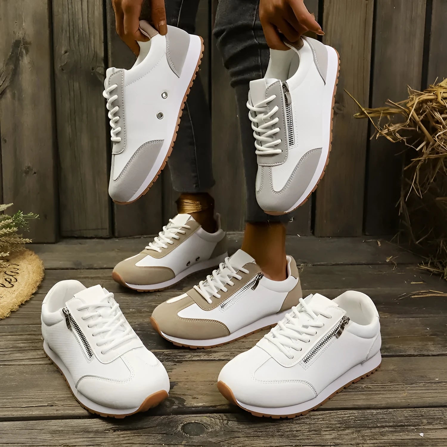 Women's flat-heeled shoes in artificial PU upper with rubber sole, shown in grey colour