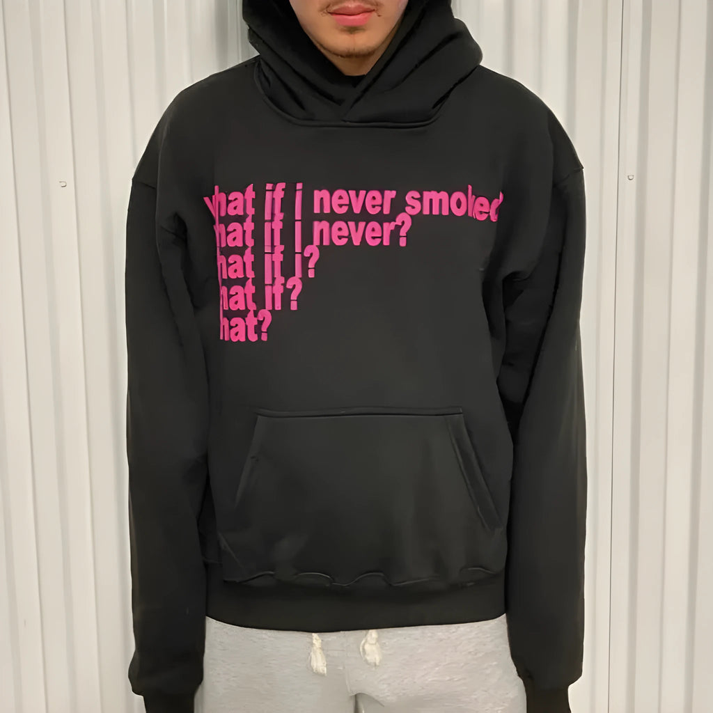 Black hooded sweater with white letter print design, showing pullover style with regular sleeves