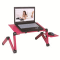 Red folding computer desk with cooling fan and extension straps for laptop use on beds