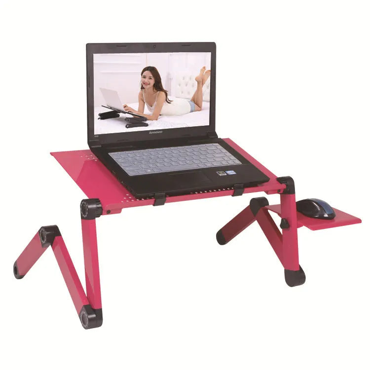 Red folding computer desk with cooling fan and extension straps for laptop use on beds