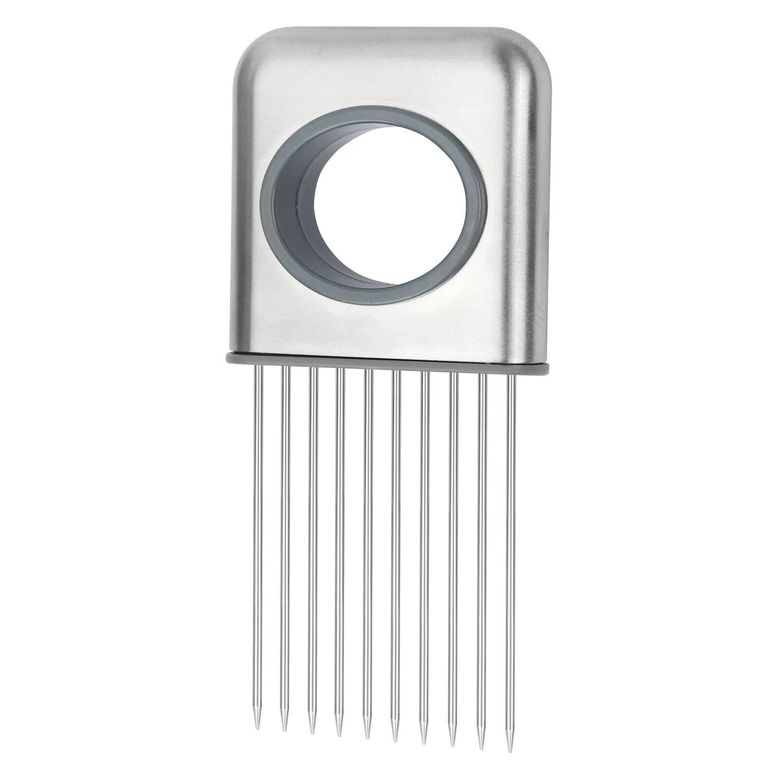 Stainless steel and ABS plastic food slice assistant for holding onions and tomatoes during cutting
