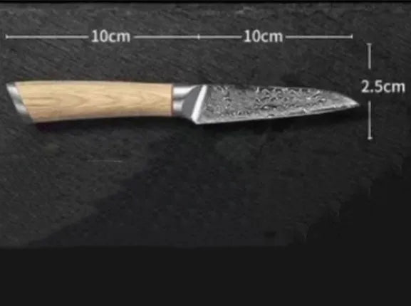 Damascus 12-piece kitchen knife set showing layered steel pattern on various blade sizes from 3.5-inch to 9-inch