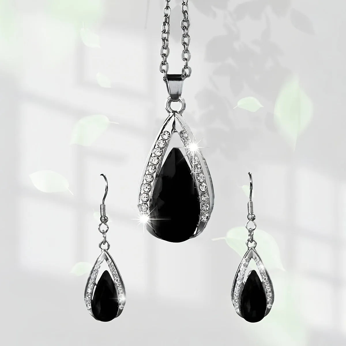 Black and red teardrop glass pendant necklace and matching earrings set