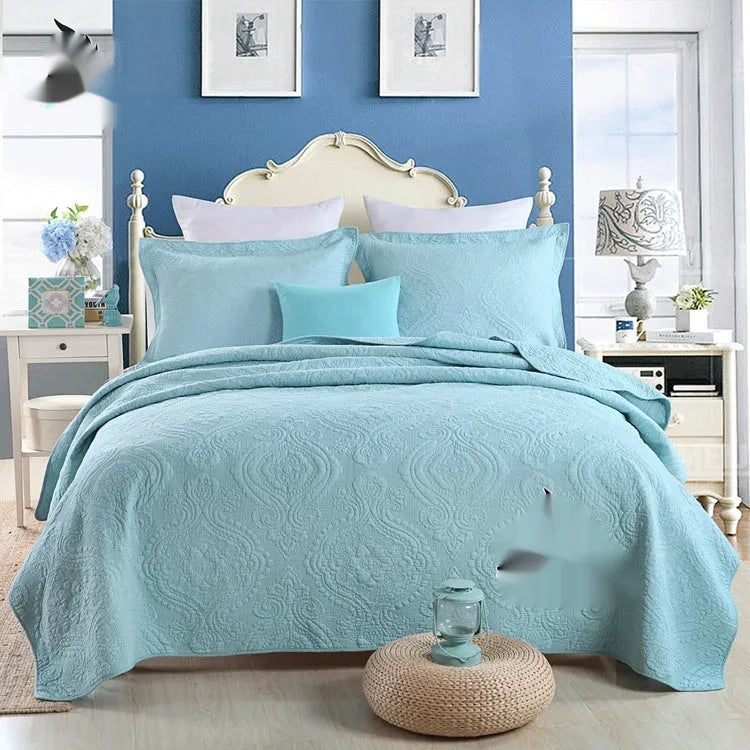 Pure cotton bed cover three-piece set in solid colours with embroidery detail for standard double beds