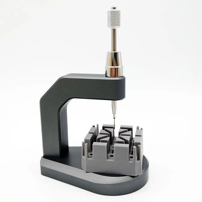 Silver tool steel press strap removal tool for watches and jewellery with metric blades.