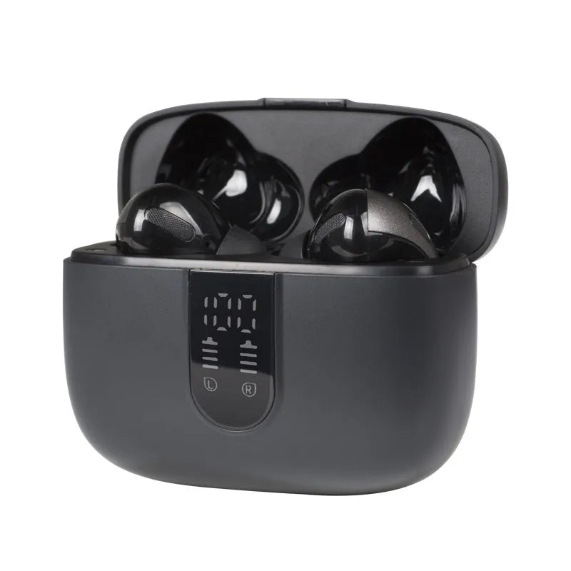 Jerry X08 wireless Bluetooth earbuds in charging case with digital display, in black colour.