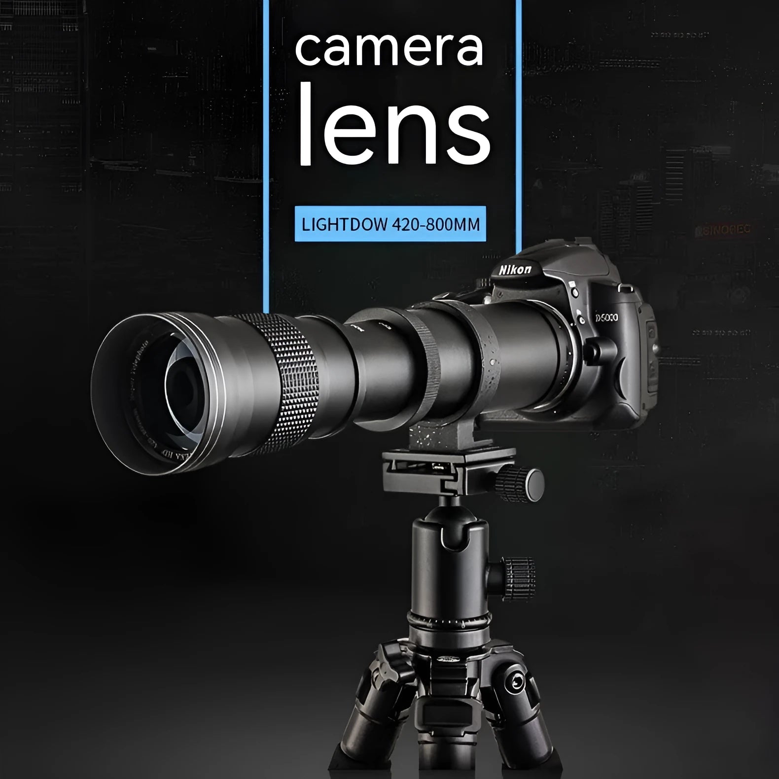 420-800mm telephoto zoom adapter lens for cameras with manual focus and T-port connection, showing retracted and extended positions